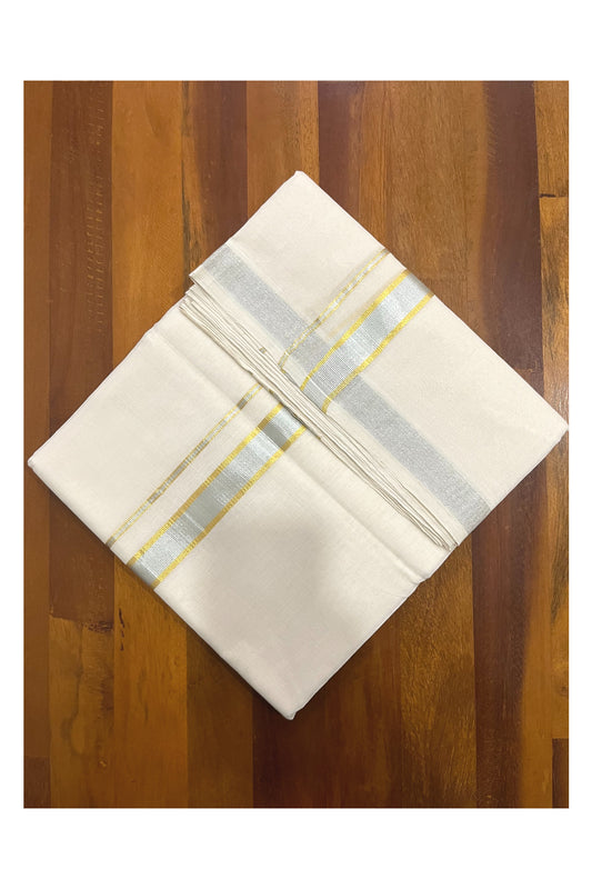 Southloom Premium Balaramapuram Unakkupaavu Wedding Handloom Mundu with Golden and Silver Kasavu Border (South Indian Kerala Dhoti)