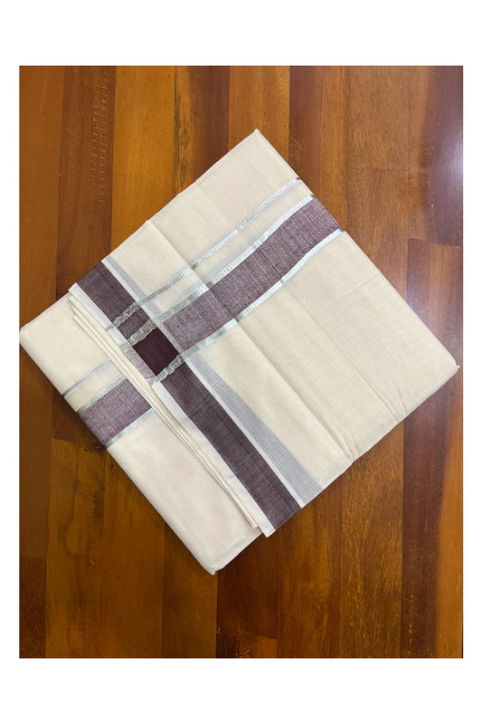 Kerala Pure Cotton Double Mundu with Brown and Silver Kasavu Border (South Indian Kerala Dhoti)