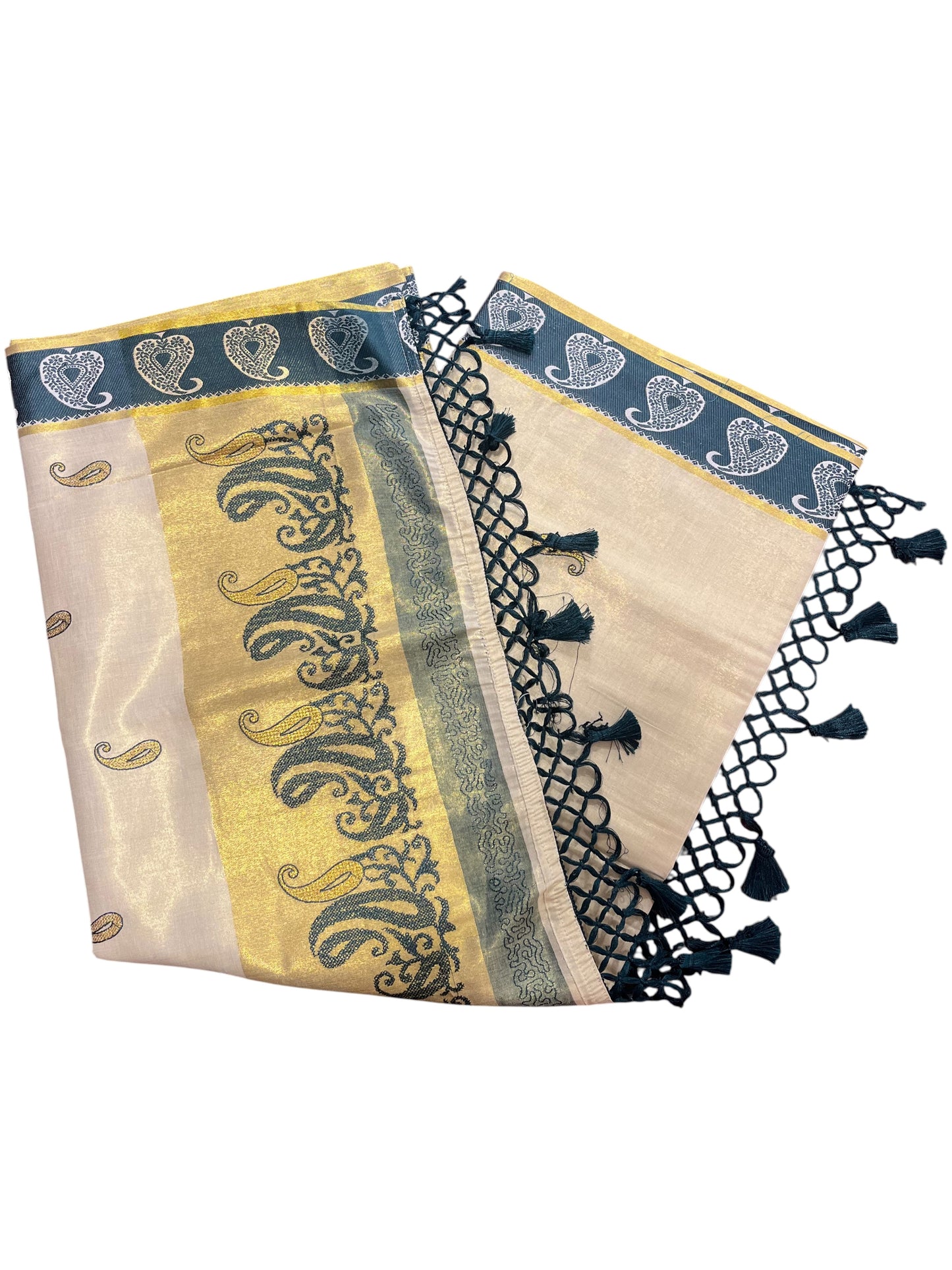 Southloom Kerala Tissue Kasavu Plain Saree with Green Floral Embroidery Works and Tassels