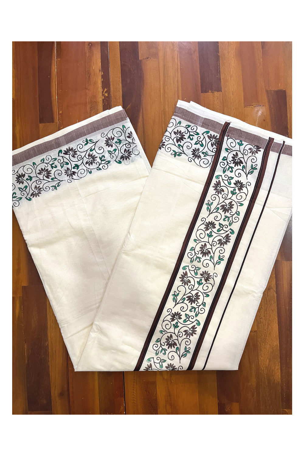 Pure Cotton Kerala Saree with Floral Block Prints and Brown Border