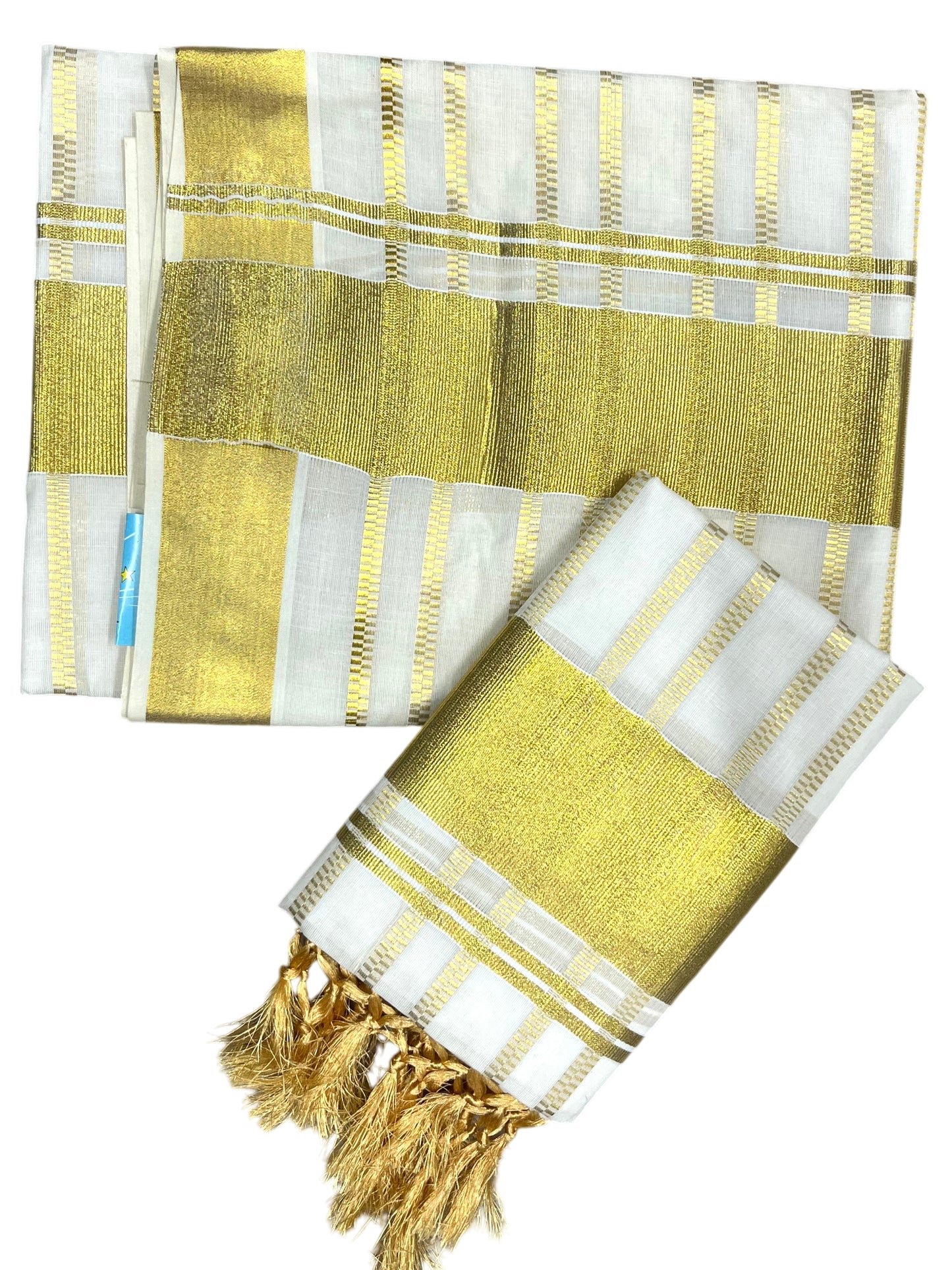 Southloom Cotton Kerala Kasavu Set Mundu (Mundum Neriyathum) with Golden Tassels 2.80 Mtrs