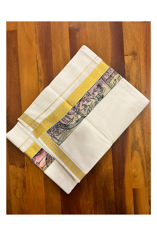 Pure Cotton Kerala Double Mundu with Hand Painted Designs on Kasavu Border (Vishu Collection 2024)