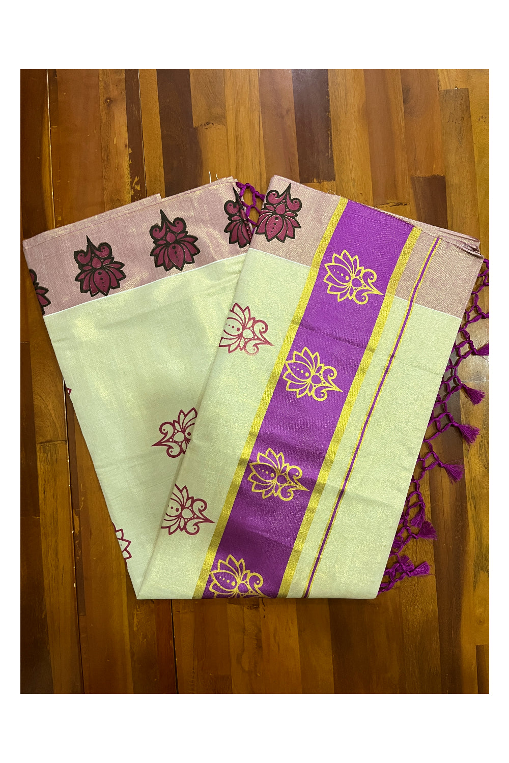 Kerala Tissue Kasavu Saree with Magenta and Golden Block Prints and Magenta Border