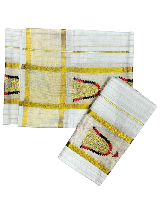 Southloom Pure Cotton Kerala Kasavu Single Set Mundu (Mundum Neriyathum) with Nettipattam Embroidery in Black and Red