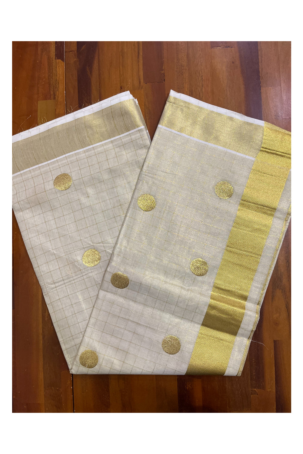 Kerala Tissue Kasavu Checked Saree with Polka Woven Designs on Body and Pallu