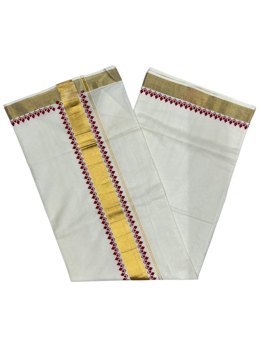 Southloom Cotton Kerala Kasavu Saree with Red Block Printed Design