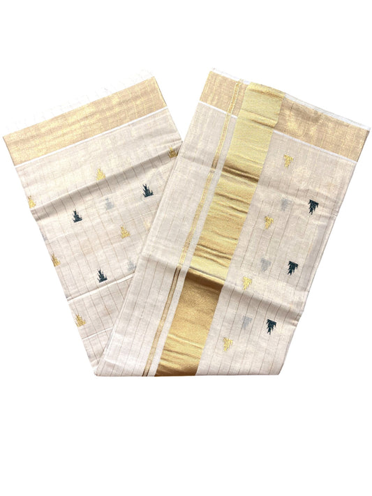 Southloom Kerala Tissue Kasavu Stripes Saree With Green Temple Embroidery on Body