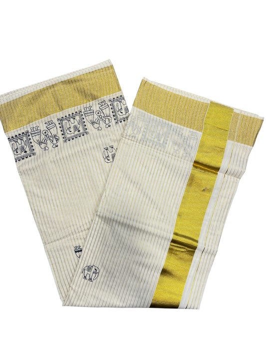 Kerala Cotton Kasavu Saree With Mural Festival Parasol Stripes and Black Elephant Design And Embroidery Work