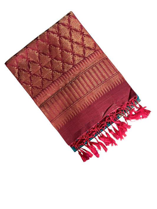 Southloom Pure Handloom Bridal Kanchipuram Silk Saree with Korvai Work (Maroon & Blue)