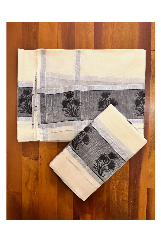Kerala Cotton Set Mundu Single (Mundum Neriyathum) with Floral Block Prints on Silver Kasavu and Black Border