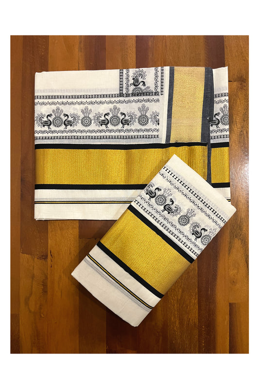 Pure Cotton Kerala Single Set Mundu (Mundum Neriyathum) with Black Block Printed Kasavu Border