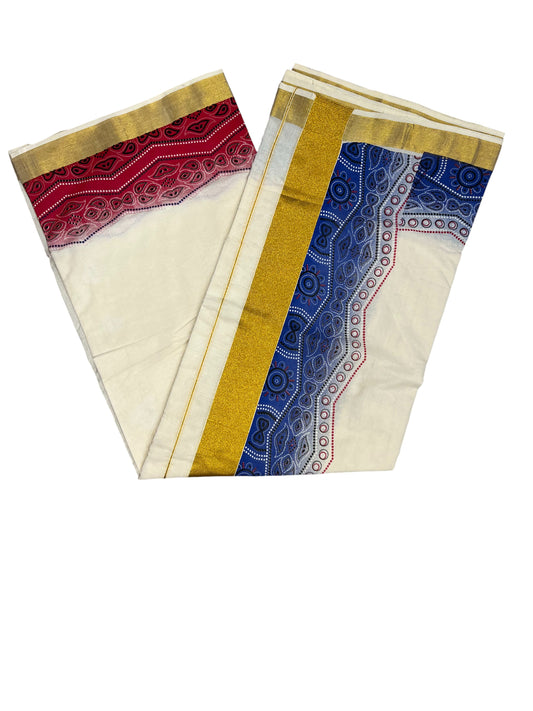 Southloom Cotton Kerala Kasavu Saree with Blue and Red Hand Painted