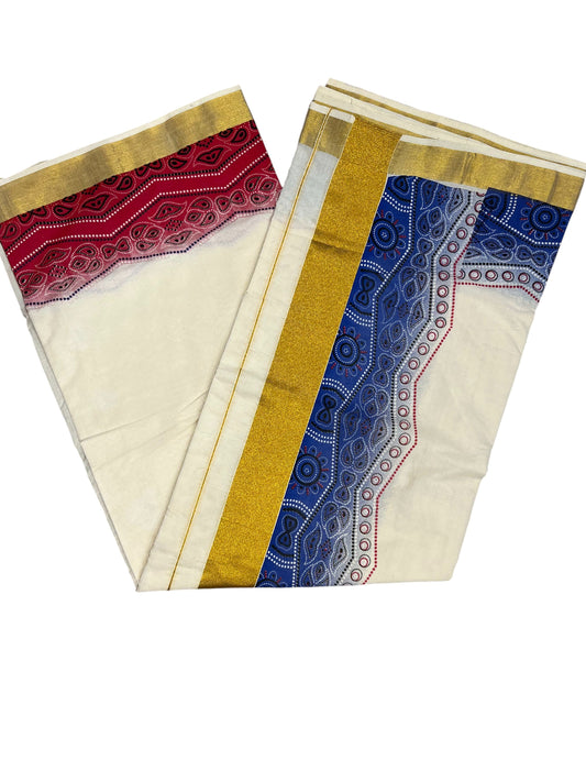 Southloom Cotton Kerala Kasavu Saree with Blue and Red Hand Painted