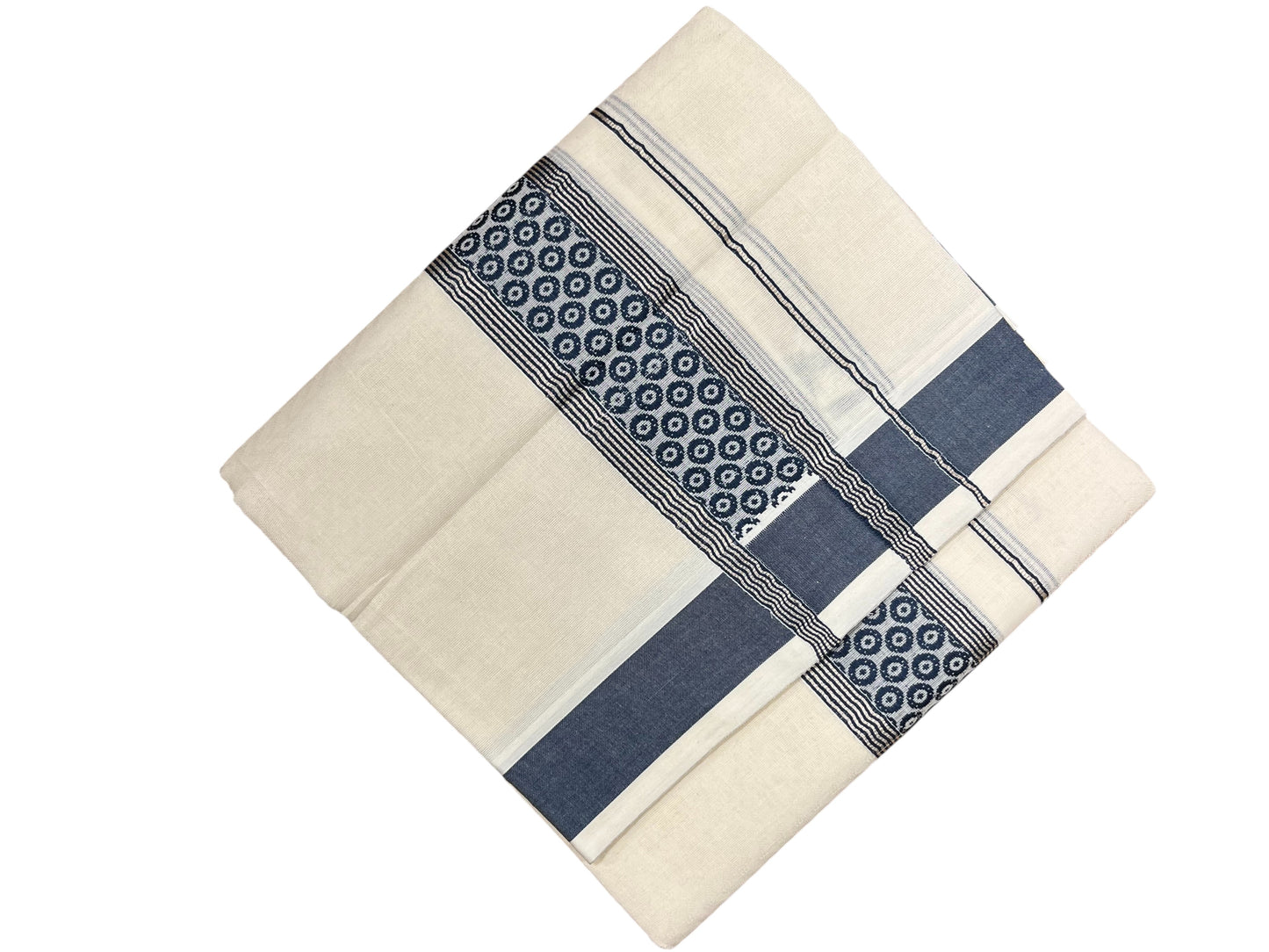 Southloom Pure Cotton Mundu With Silver Lines And Blue Print (South Indian Kerala Dhoti)