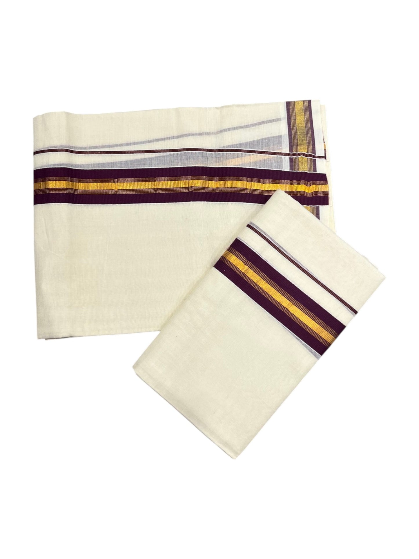 Southloom Kerala Cotton  Single Set Mundu (Mundum Neriyathum) with Kasavu and Purple Border