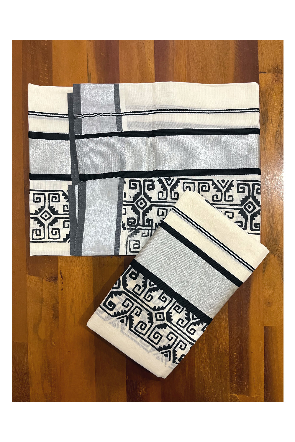 Pure Cotton Kerala Single Set Mundu (Mundum Neriyathum) with Black Block Printed Silver Kasavu Border