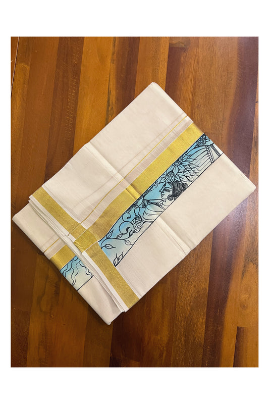 Kerala Pure Cotton Double Mundu with Mural Hand Painted Design on Kasavu Border (South Indian Kerala Dhoti)