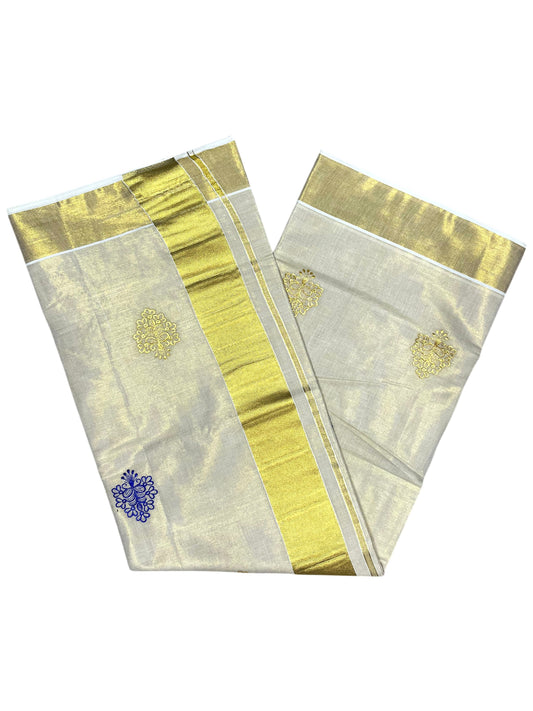Southloom Kerala Tissue Kasavu Saree with Gold And Blue Floral Embroidery Work on Body