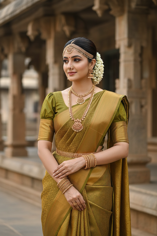Southloom Banarasi Silk Brocade Bridal Saree WIth Woven Borders And Blouse Piece in Green and Gold