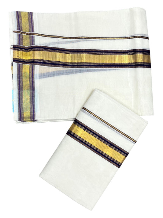 Southloom Pure Cotton Kerala Kasavu Double Set Mundu (Mundum Neriyathum) Kasavu & Purple Border