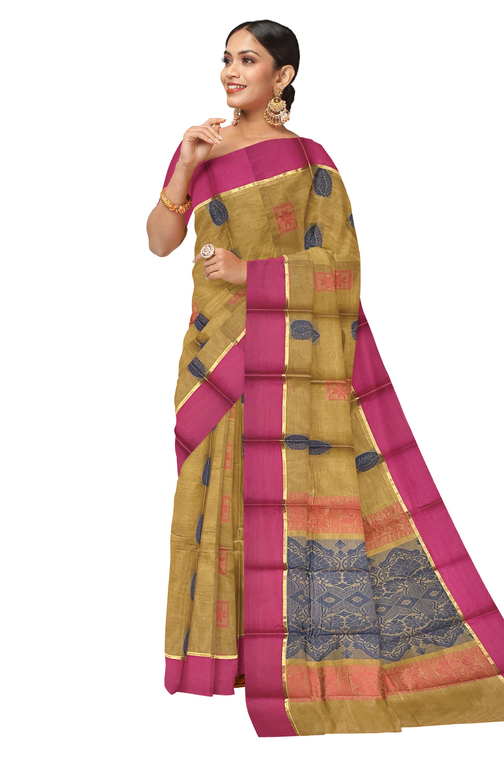 Southloom Cotton Mustard Yellow Saree with Woven Butta Works on Body and Pallu