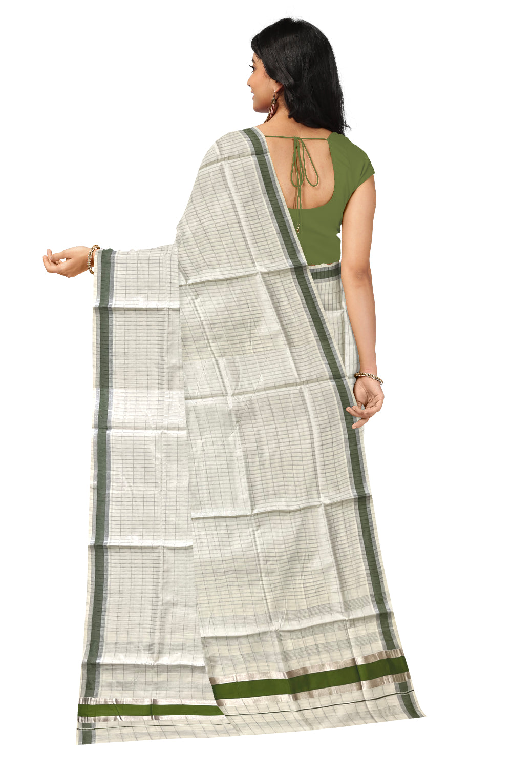 Kerala Pure Cotton Silver Kasavu Check Designs Saree with Olive Green Border