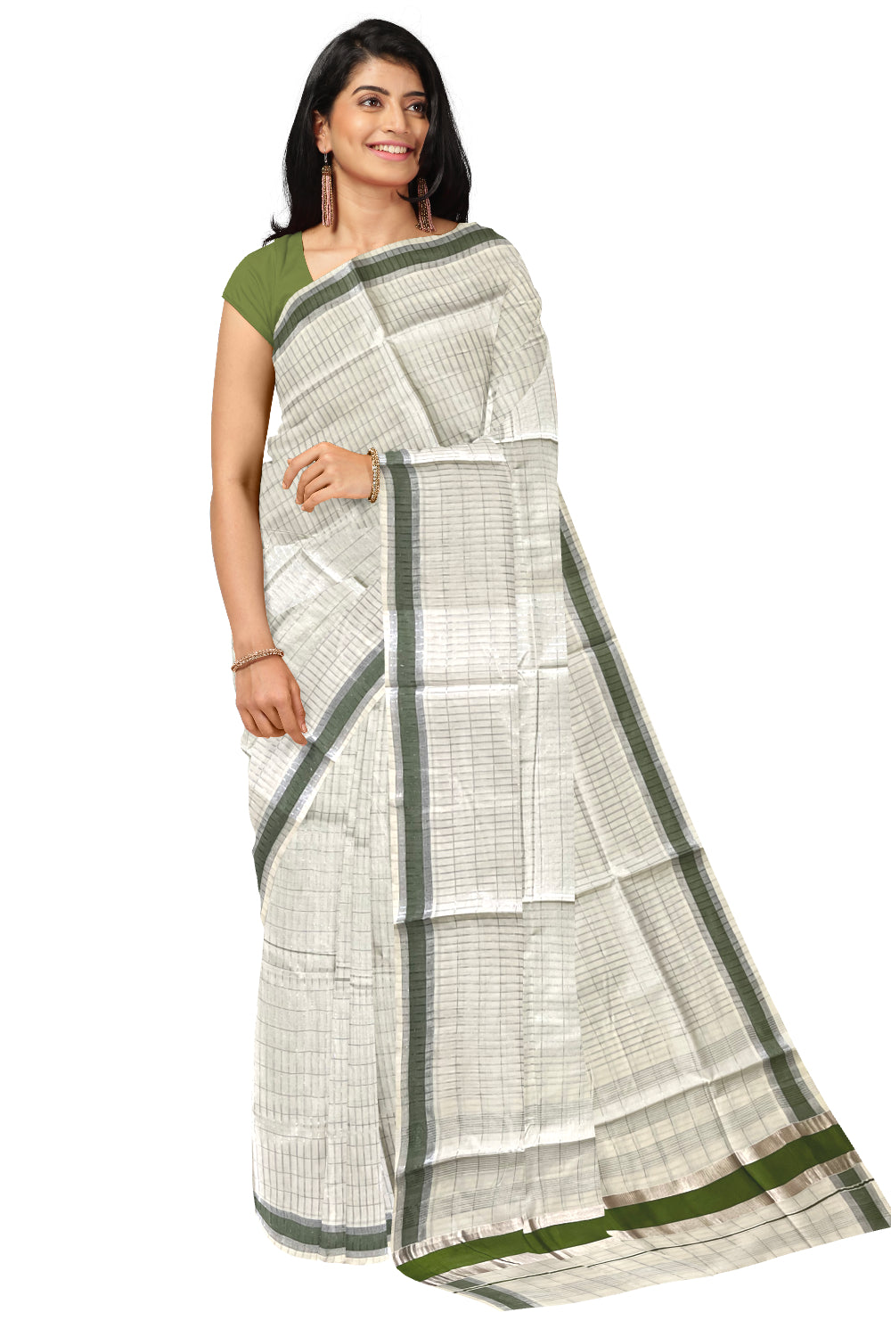 Kerala Pure Cotton Silver Kasavu Check Designs Saree with Olive Green Border