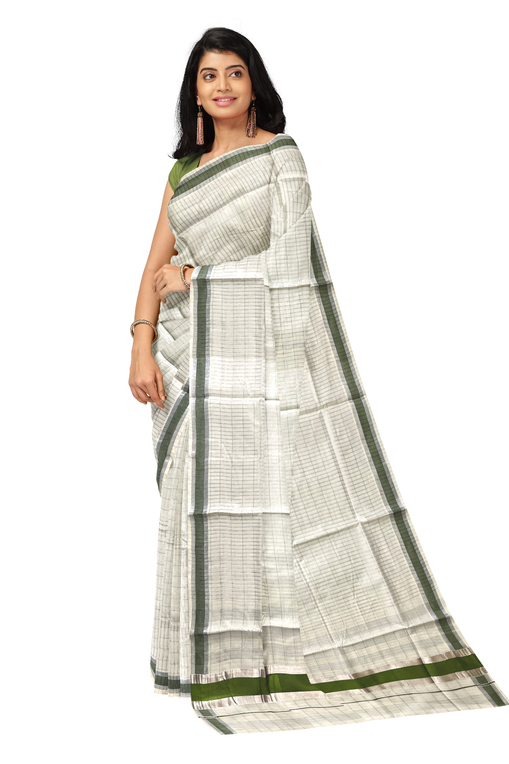 Kerala Pure Cotton Silver Kasavu Check Designs Saree with Olive Green Border