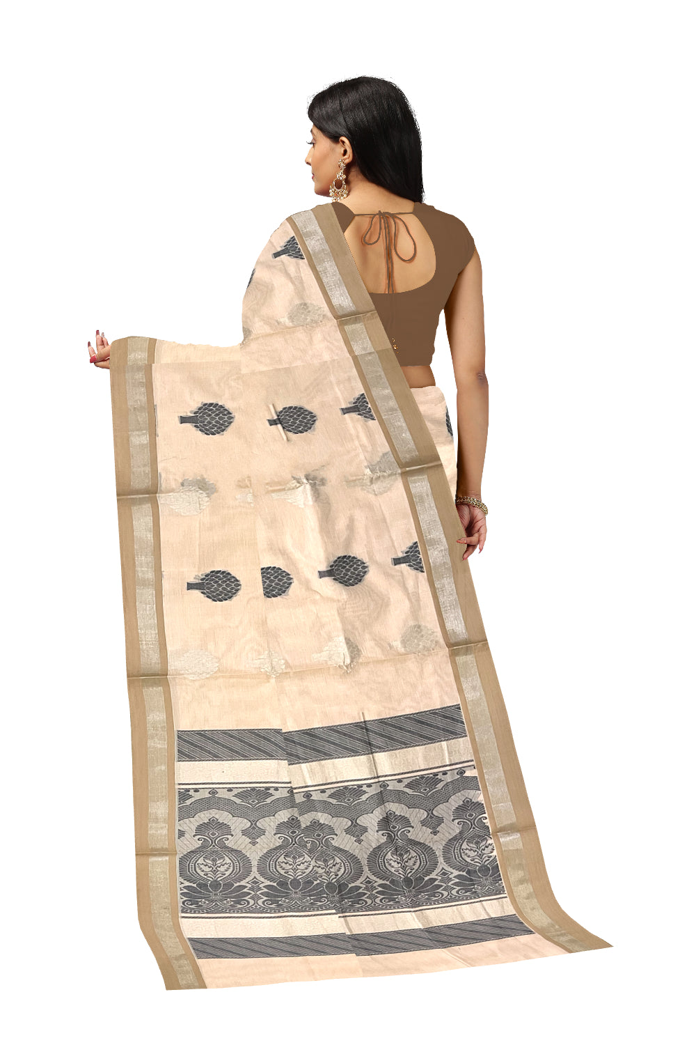 Southloom Light Brown Cotton Saree with Floral Woven Designs