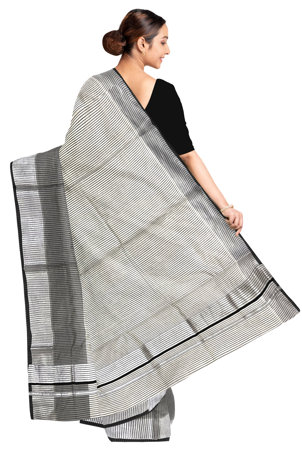 Pure Cotton Kerala Saree with Black Kasavu Lines Design Saree with Black Silver Border