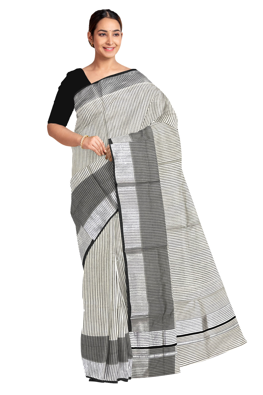 Pure Cotton Kerala Saree with Black Kasavu Lines Design Saree with Black Silver Border