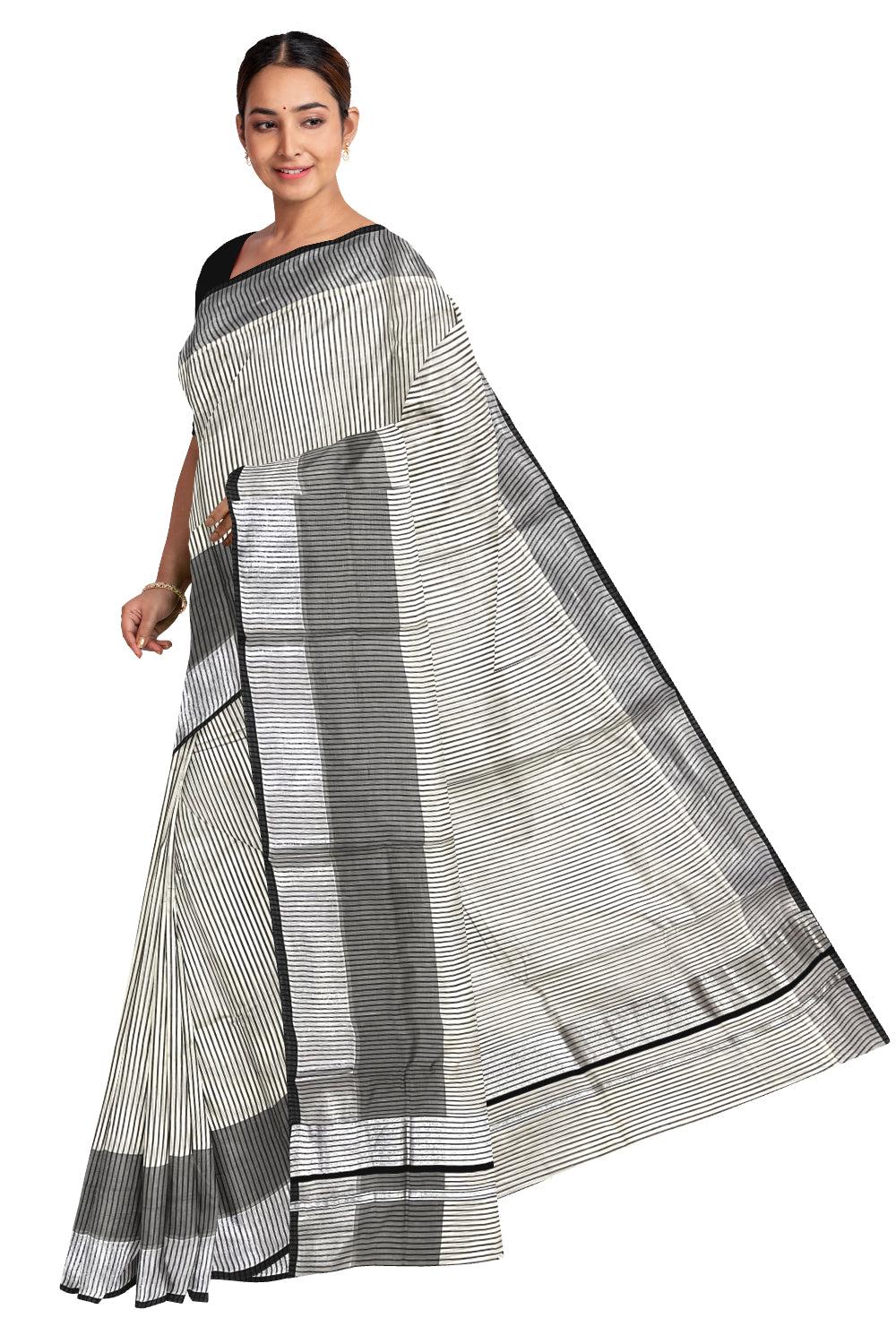 Pure Cotton Kerala Saree with Black Kasavu Lines Design Saree with Black Silver Border