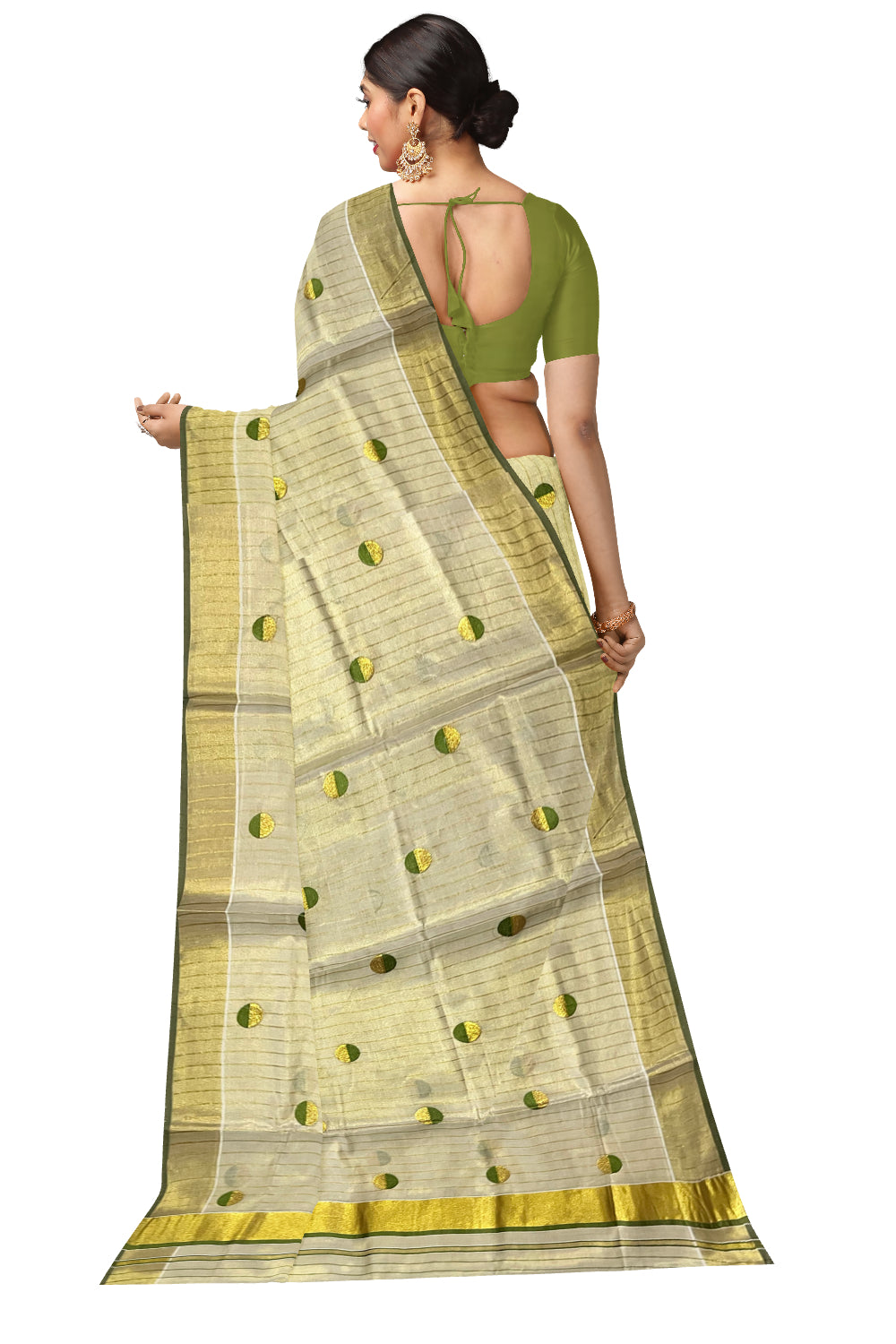 Kerala Tissue Kasavu Saree with Kasavu Lines Across Body and Olive Green Semi Polka Woven Designs