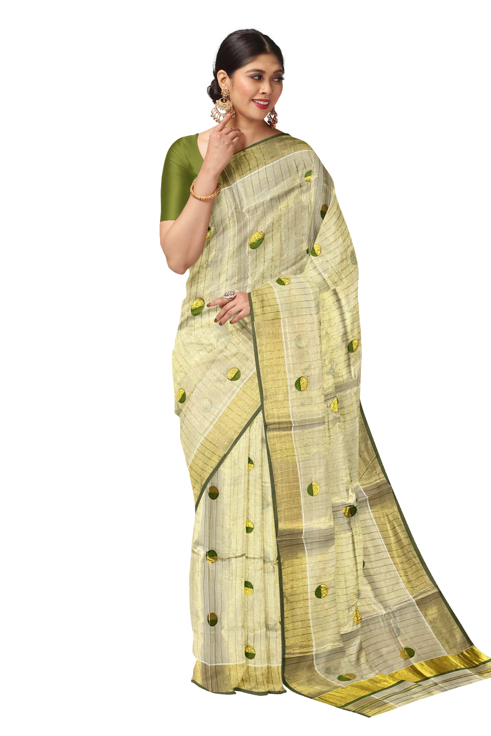 Kerala Tissue Kasavu Saree with Kasavu Lines Across Body and Olive Green Semi Polka Woven Designs