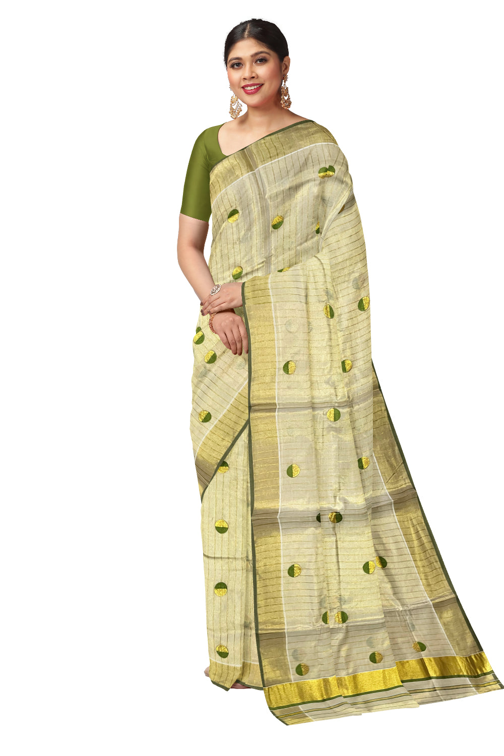 Kerala Tissue Kasavu Saree with Kasavu Lines Across Body and Olive Green Semi Polka Woven Designs