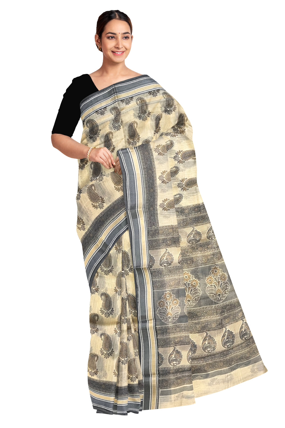 Southloom Cotton Light Brown Saree with Paisley Printed Designs