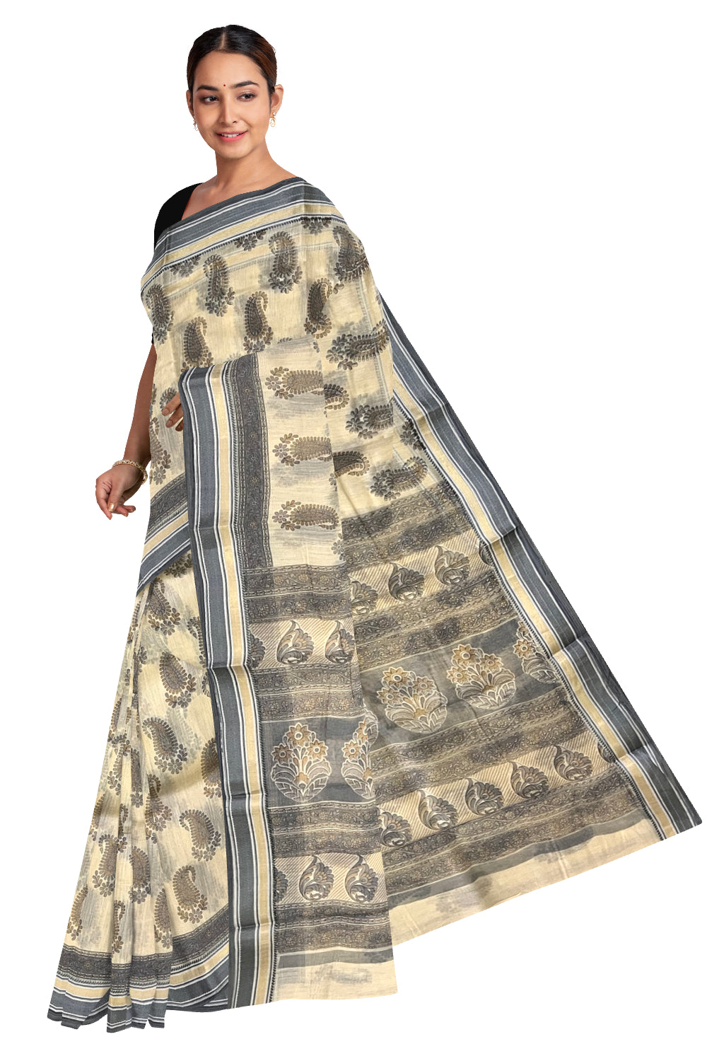 Southloom Cotton Light Brown Saree with Paisley Printed Designs