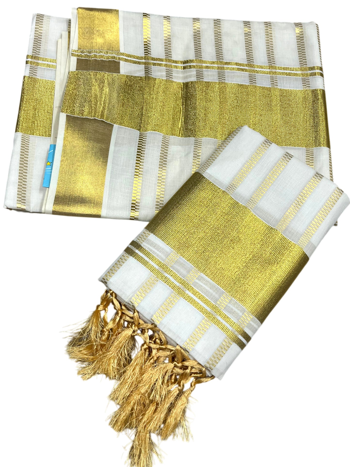 Southloom Cotton Kerala Kasavu Set Mundu (Mundum Neriyathum) with Golden Tassels 2.80 Mtrs