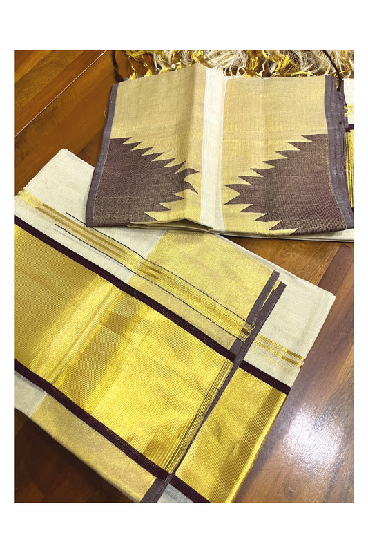 Southloom Handloom Premium Tissue Kasavu Set Mundu With Brown Big Temple Woven Patterns (Mundum Neriyathum) 2.70 Mtrs