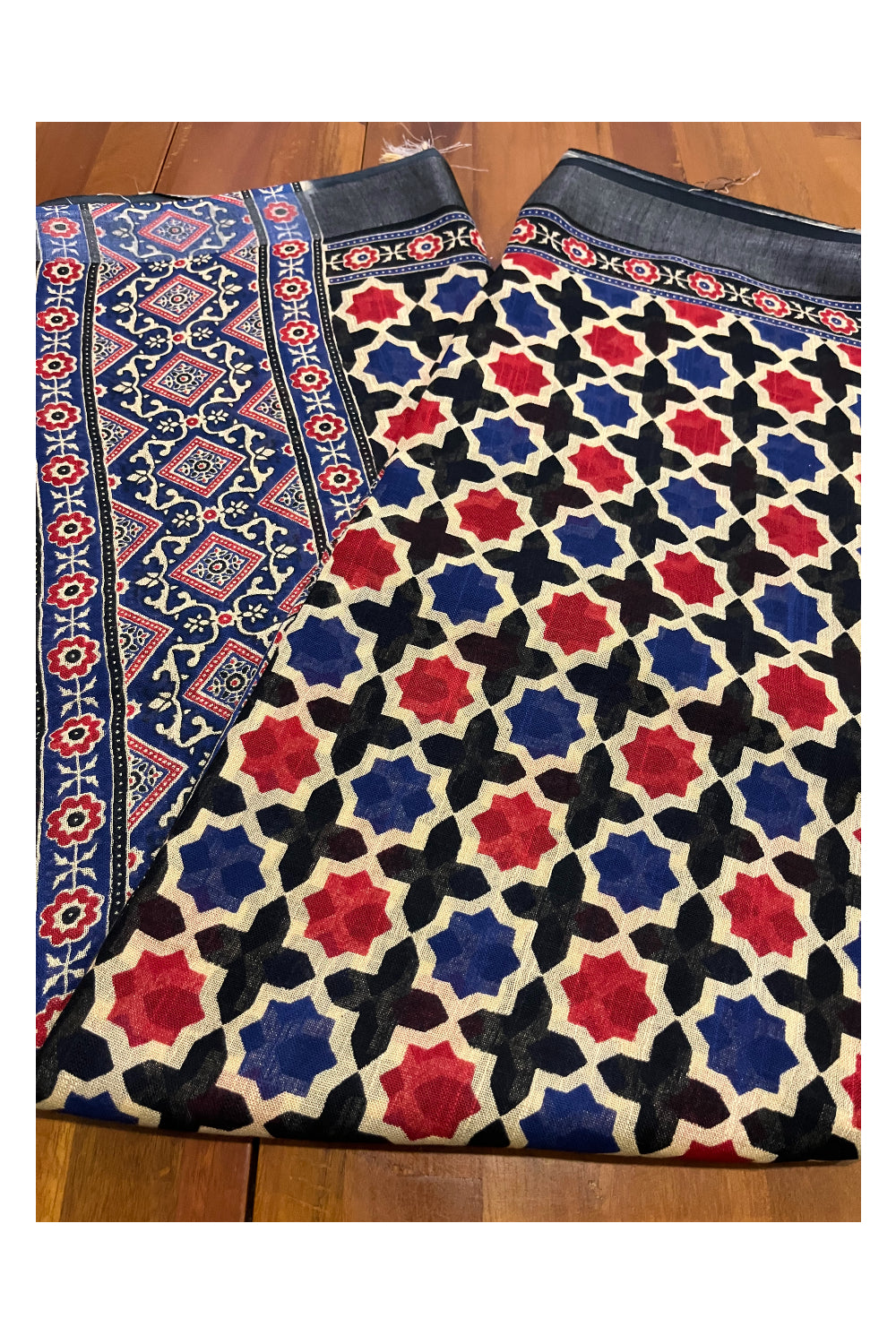 Southloom Linen Red Blue and Black Designer Saree with Prints on Body