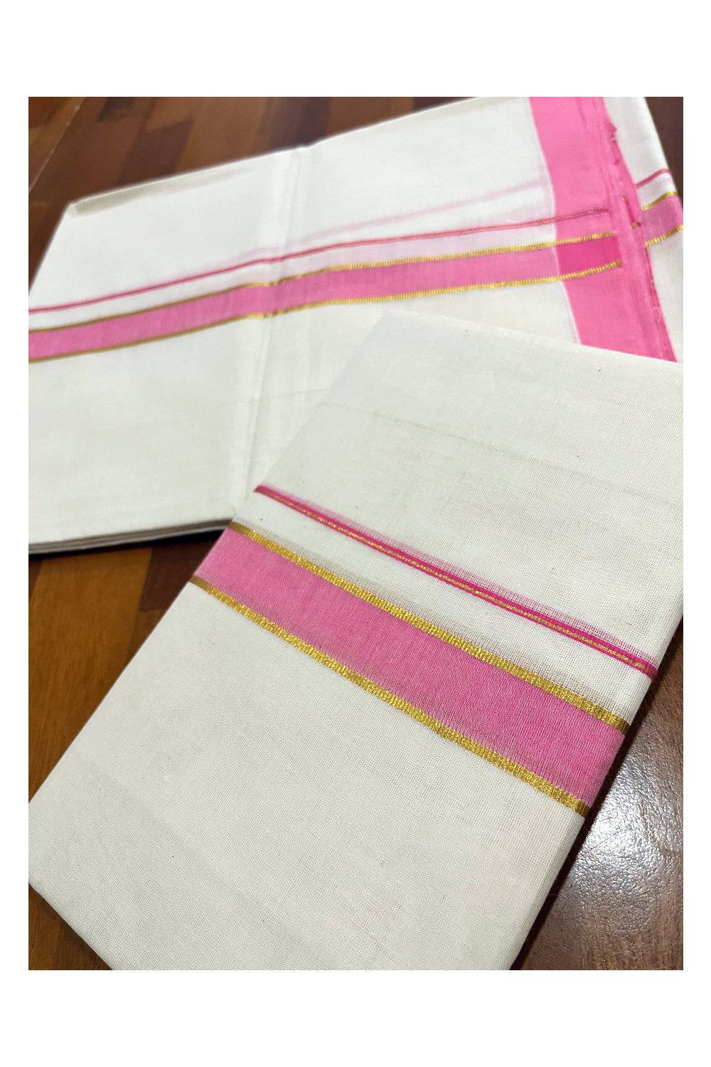 Kerala Pure Cotton Set Mundu Single (Mundum Neriyathum) with Pink and Kasavu Border