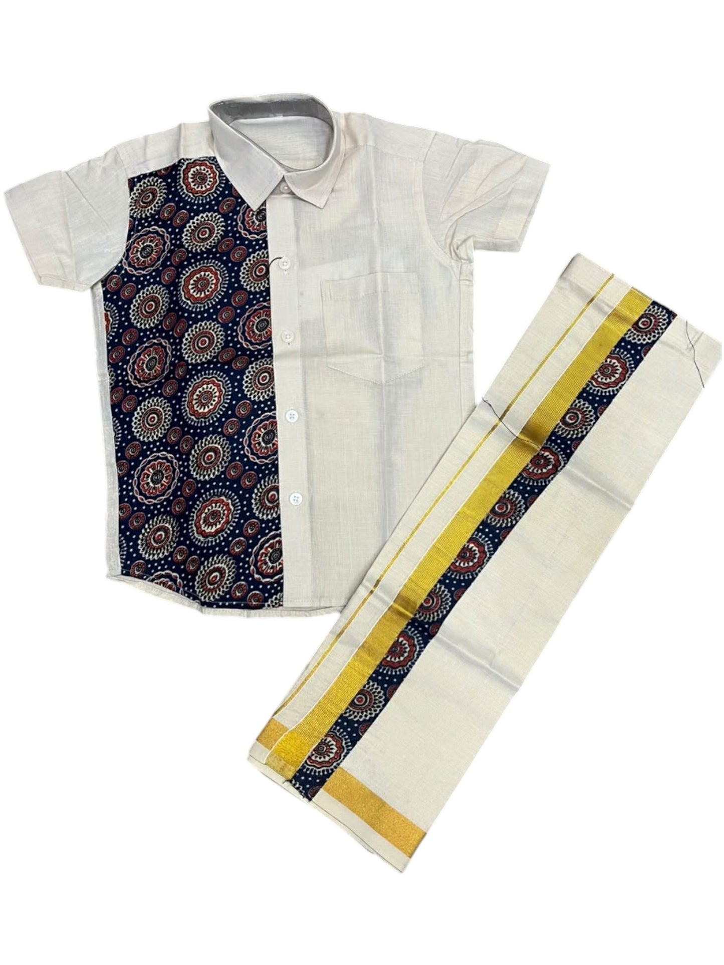 Southloom Tissue Ajrakh Printed Kids's Combo (Shirt + Velcro Mundu) SLKCOMBO SL611