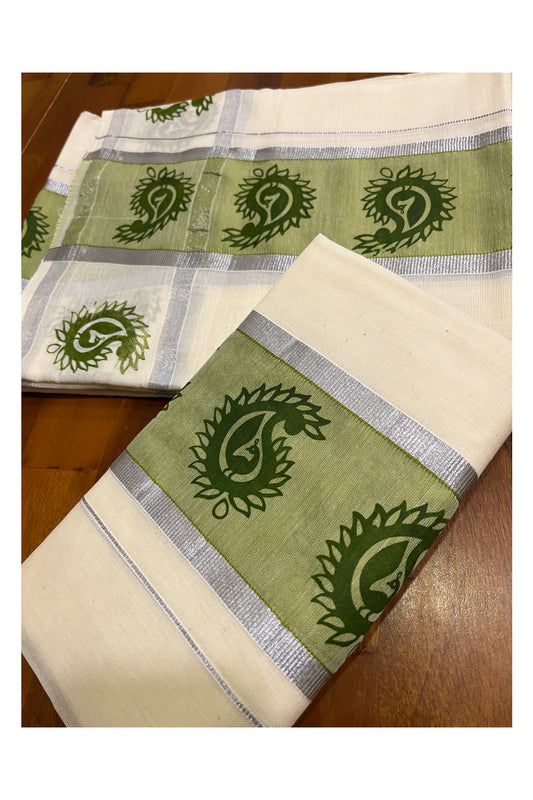 Kerala Cotton Set Mundu Single (Mundum Neriyathum) with Block Prints on Silver Kasavu and Olive Green Border