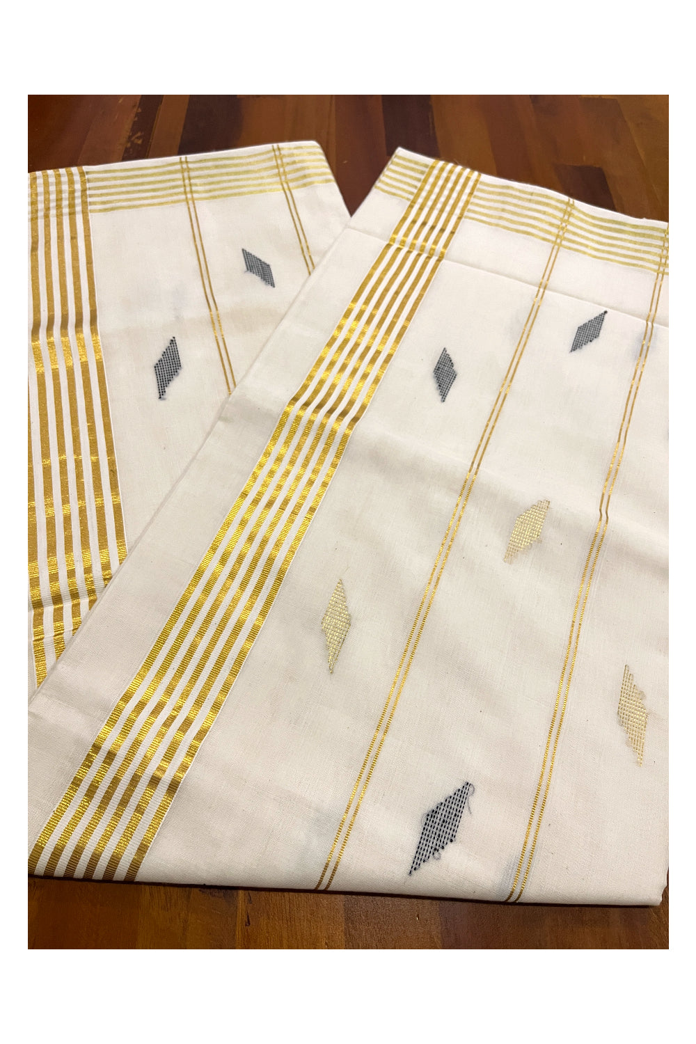 Southloom Premium Handloom Cotton Kerala Saree with Golden and Black Butta Works