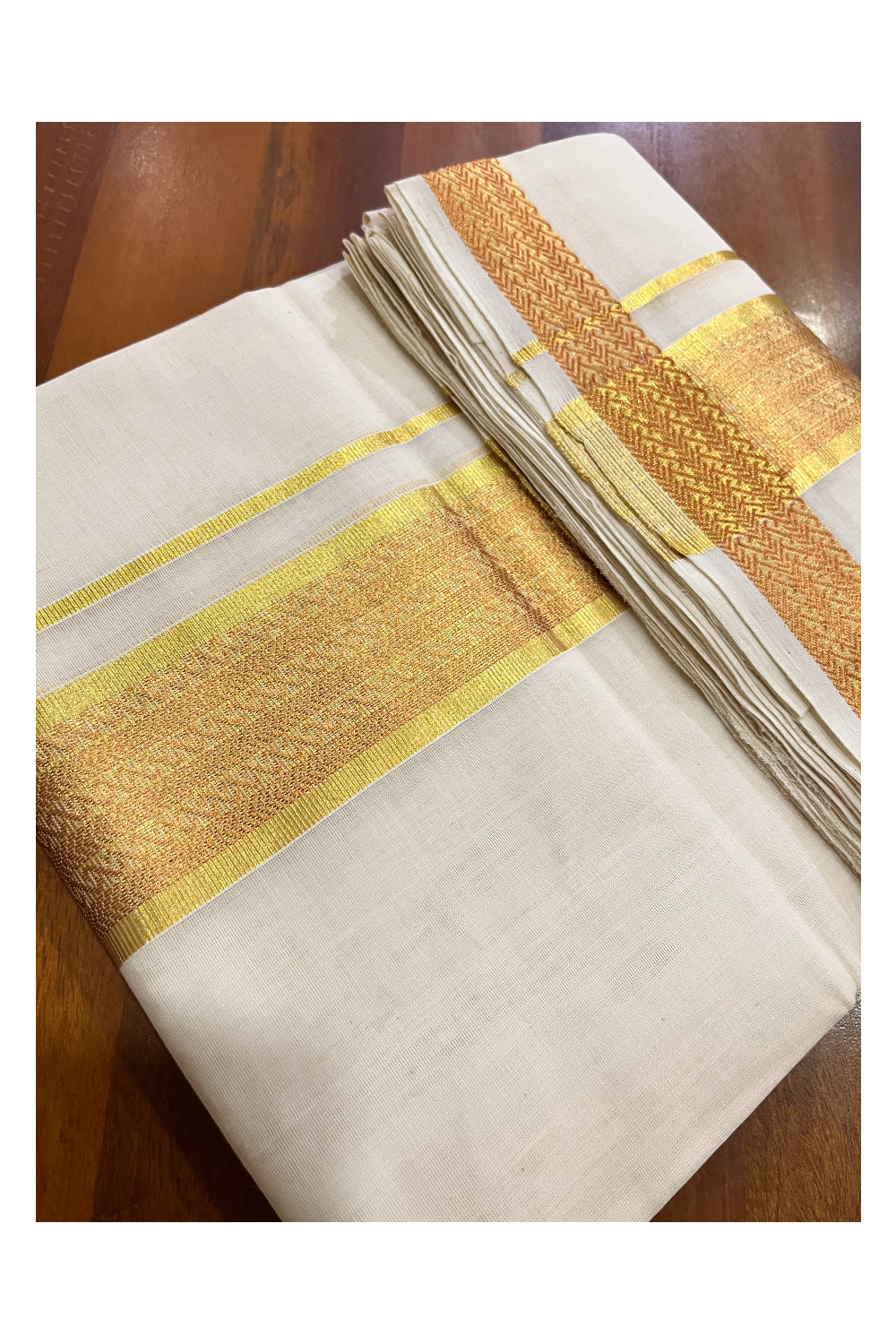 Southloom Super Premium Balaramapuram Unakkupaavu Handloom Double Wedding Mundu with Copper and Golden Kasavu Woven Border (Vishu 2024 Collection)