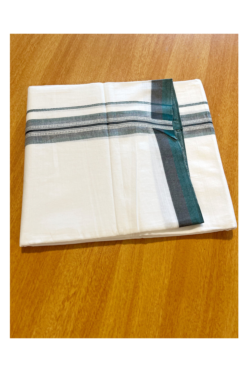 Pure White Cotton Double Mundu with Green Border (South Indian Dhoti)