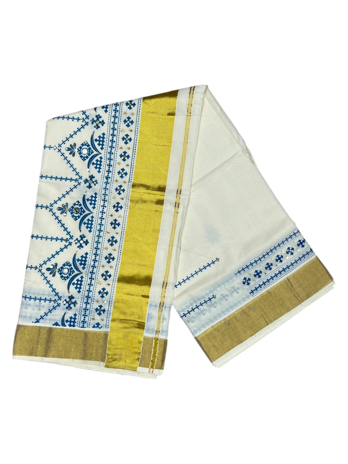 Southloom Pure Cotton Kerala Kasavu Saree with Blue Embroidery Designs