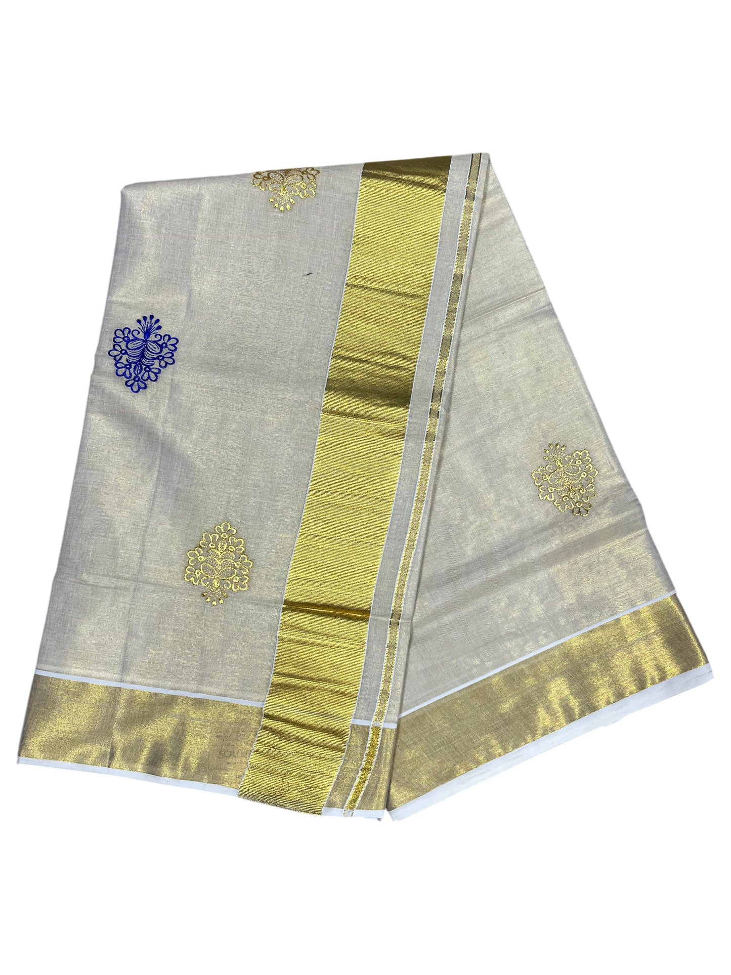 Southloom Kerala Tissue Kasavu Saree with Gold And Blue Floral Embroidery Work on Body