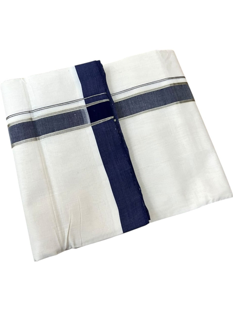 Southloom Balaramapuram Unakkupaavu Premium Handloom Cotton Double Mundu with Gold Kasavu and Blue Border