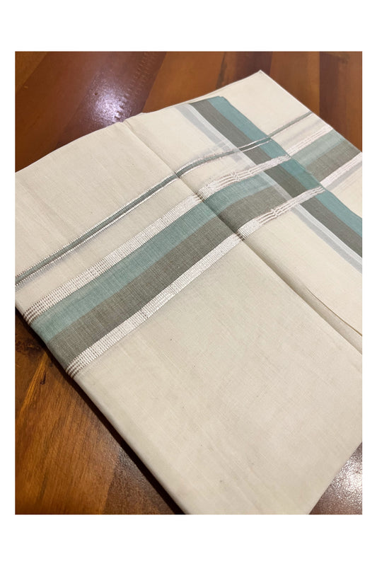 Kerala Pure Cotton Double Mundu with Turquoise Grey and Silver Kasavu Border (South Indian Kerala Dhoti)